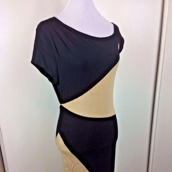 Bebe Black and Beige Tan ZigZag ColorBlock Dress M - Picture 1 of 6